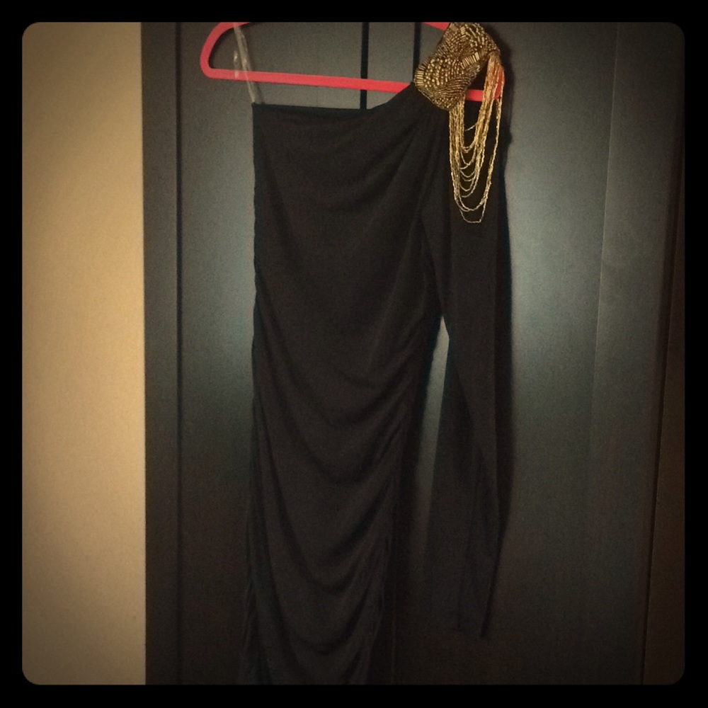 NWOT-One sleeve-Gold beaded-Spandex mini dress